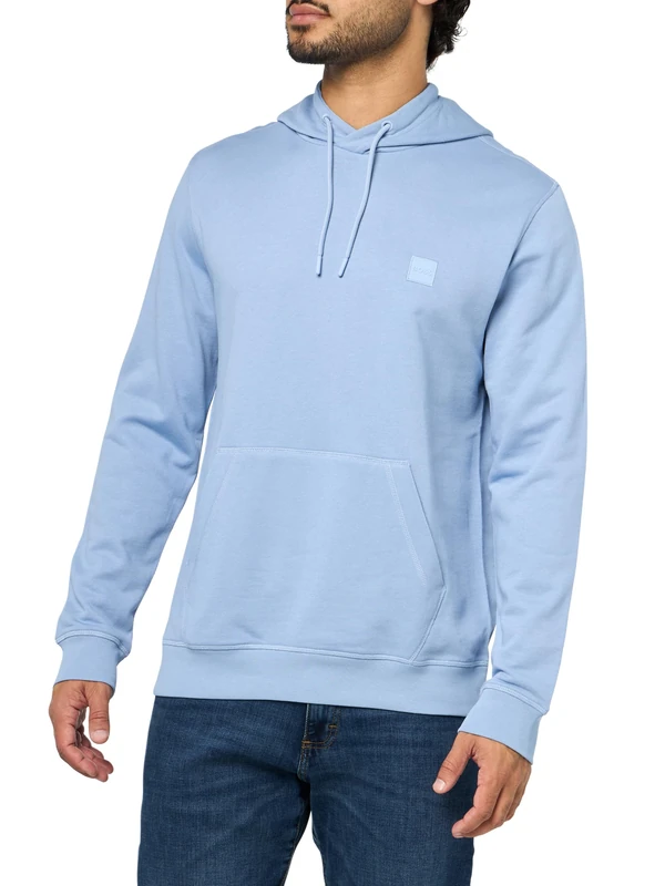 BOSS Men's Patch Logo French Terry Pullover Hooded Cotton Sweatshirt, Forever Blue, XL