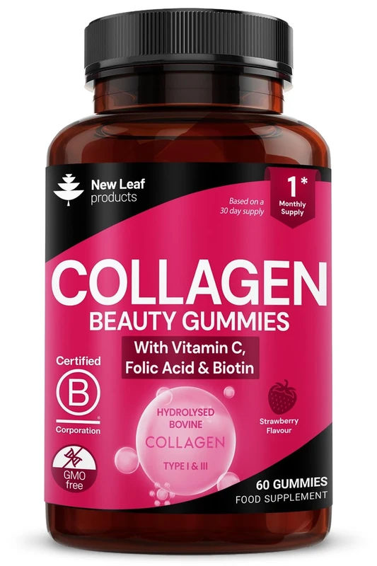 Collagen Gummies - High Strength Type l Bovine Collagan Beauty Supplement - Advanced Superior Type 1 Hydrolysed Collagen Peptides - Added Biotin, Vitamin C & Folic - 60 Gummies