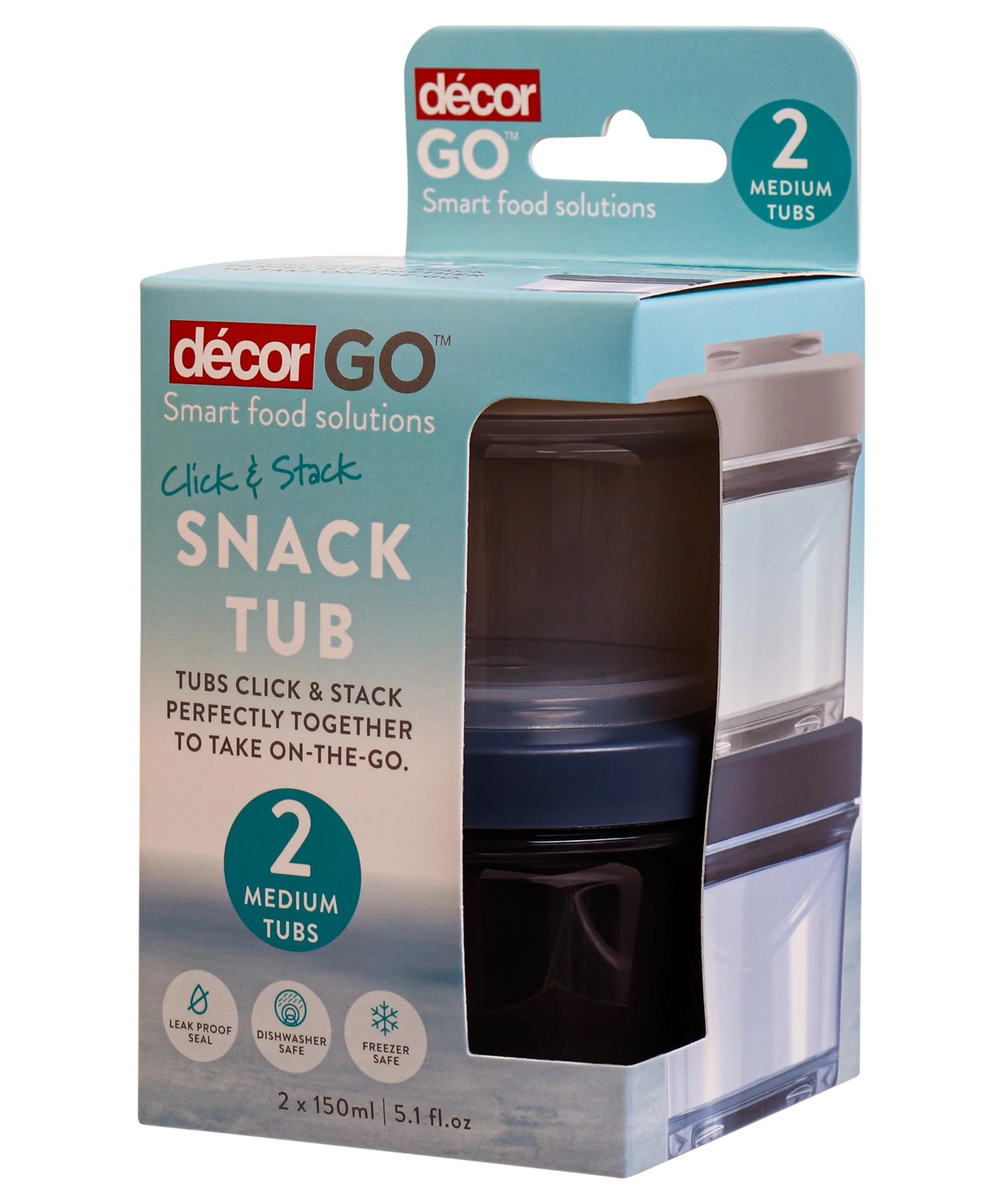 Décor Go Click & Stack Snack Tubs, 2 Pack Leakproof Food Storage Containers, Snack Tubs for Adults and Kids, Freezer & Microwave Safe, 150ml x 2 - navy/grey and cream