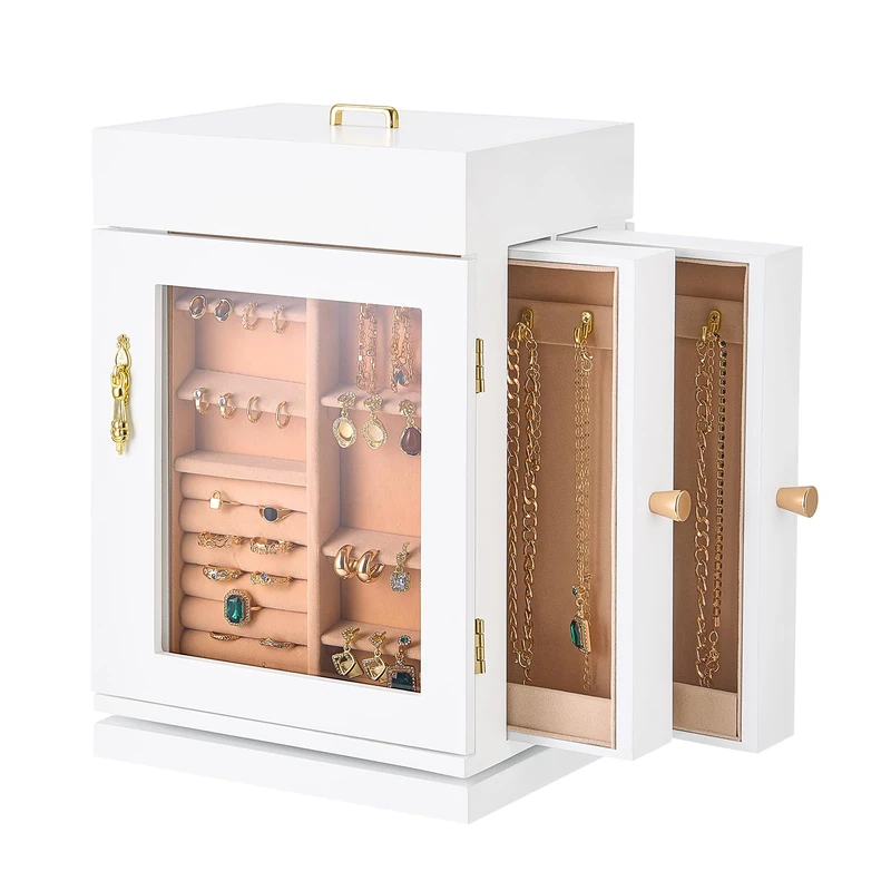 VEVOR Jewelry Box, 360° Rotating Jewelry Organizer with Magnetic Door, Acrylic Window and Built-in 4 Necklace Hooks, Spacious Storage Case with Metal Handles, Bottom Pad and Soft Flannel Lining, White - Image 1