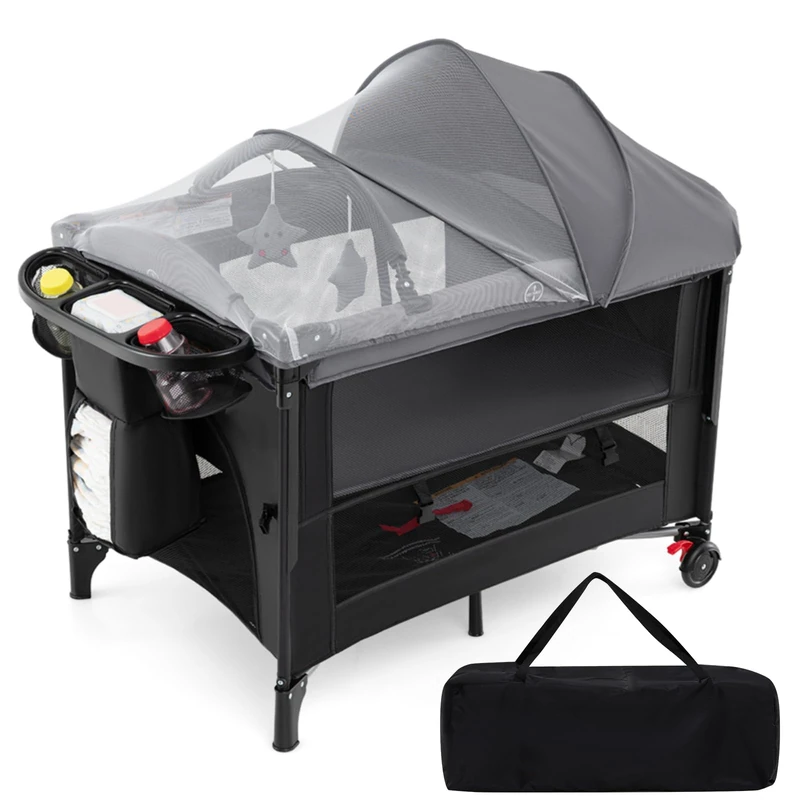 GYMAX 5 in 1 Folding Travel Cot with Canopy, Portable Baby Bedside Sleeper with Diaper Changer, Mattress, Hanging Toys, Storage Pockets & Carry Bag, Infant Bassinet for Newborn to Toddles (Dark Gray)