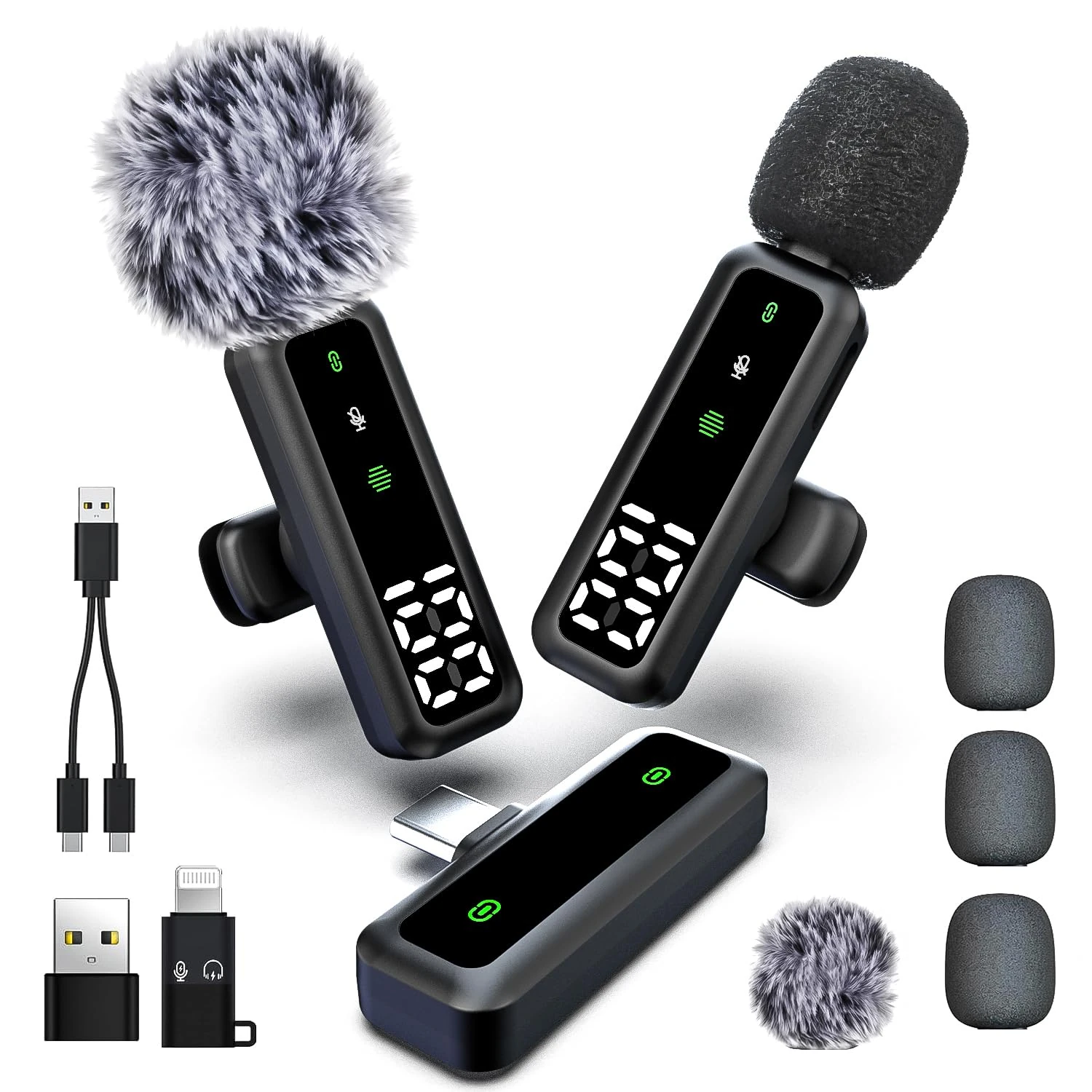 Wireless Lavalier Microphone with LED Display, Lavalier Microphones Clip on Mic With Noise Reduction, for Video Recording, Tiktok, Youtube, Vlog Podcast Content Creator (Shiny black)