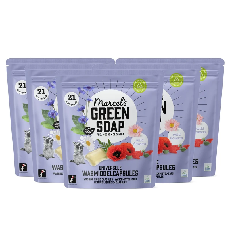 Marcel's Green Soap Washing Liquid Pods - Laundry Detergent Capsules - 99% biodegradable - 85% less plastic - Recycable - 105 Pods, 21 Pods (Pack of 5)