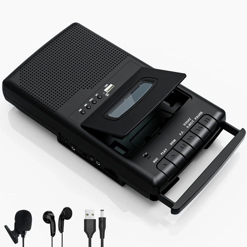 Portable Cassette Recorder with One Touch Recording, Mobile Cassette Player & USB Digitizer, Cassette Player Recorder, Built-in Speaker, Extendable Handle, 3.5 mm Headphones, Black