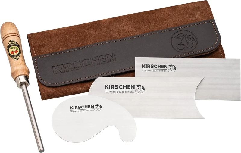 Kirschen 3824001 3-Piece Drawing Blade Set, Brown, with Leather Bag, Rectangular/concave/gooseneck Pulling Blade, Steel Drawing Blade, Wood Tool, Ideal Choice for Precise Woodwork)