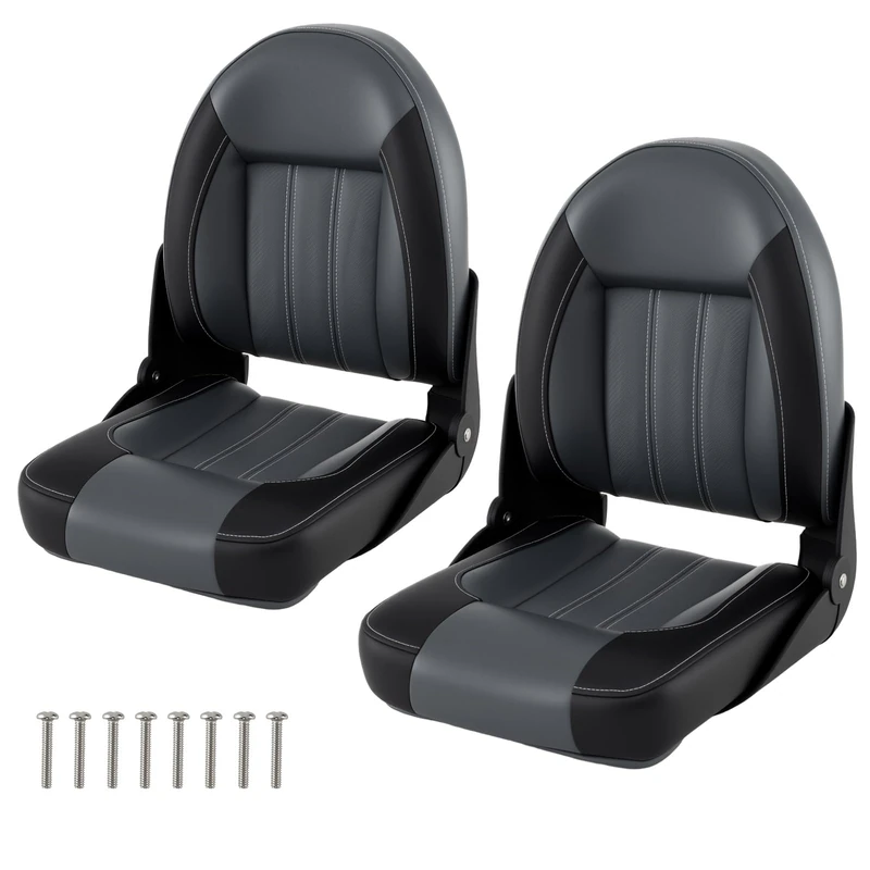 GYMAX Folding Boat Seat (High Back, 7cm Thich Cushion, Black, 2Pcs)