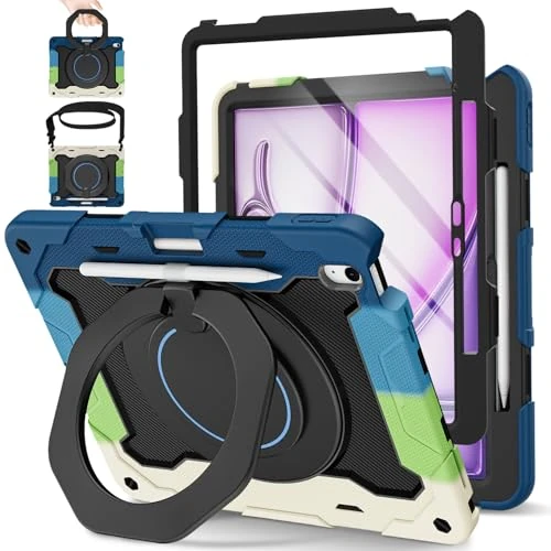 ROISKIN for iPad Air 13 inch Case M3 2025/M2 2024 with HD Screen Protector & Shoulder Strap,Heavy Duty Shockproof Military Kids Case for iPad Air 13 Inch,Pencil Holder,360° Rotating Stand,Black-Blue