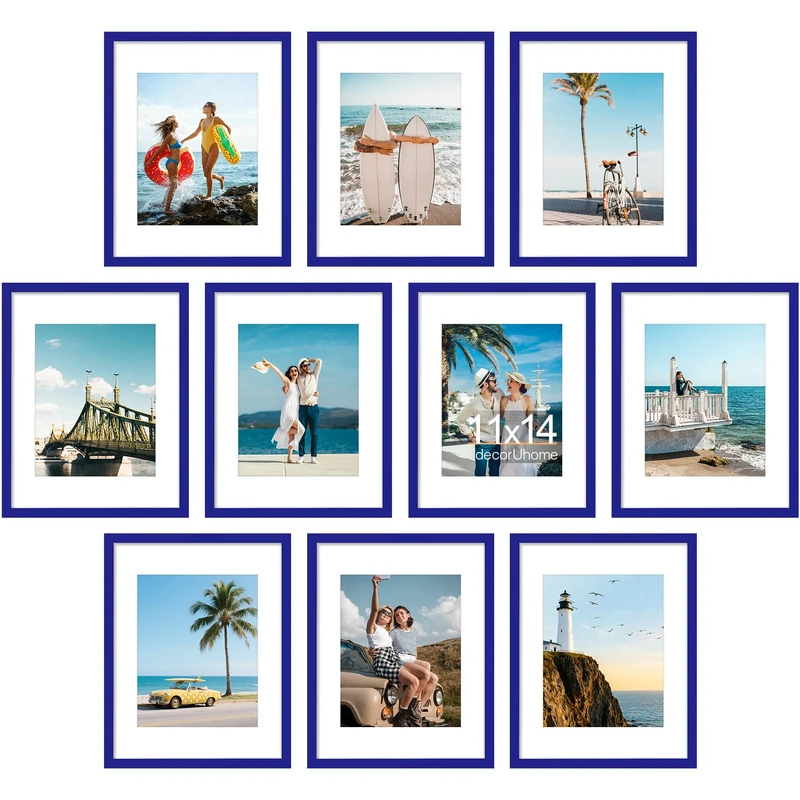 decorUhome 11x14 Picture Frame Set of 10, Display Photos 8x10 with Mat or 11x14 Unmatted for Picture Frames Collage Wall Decor, Royal Blue