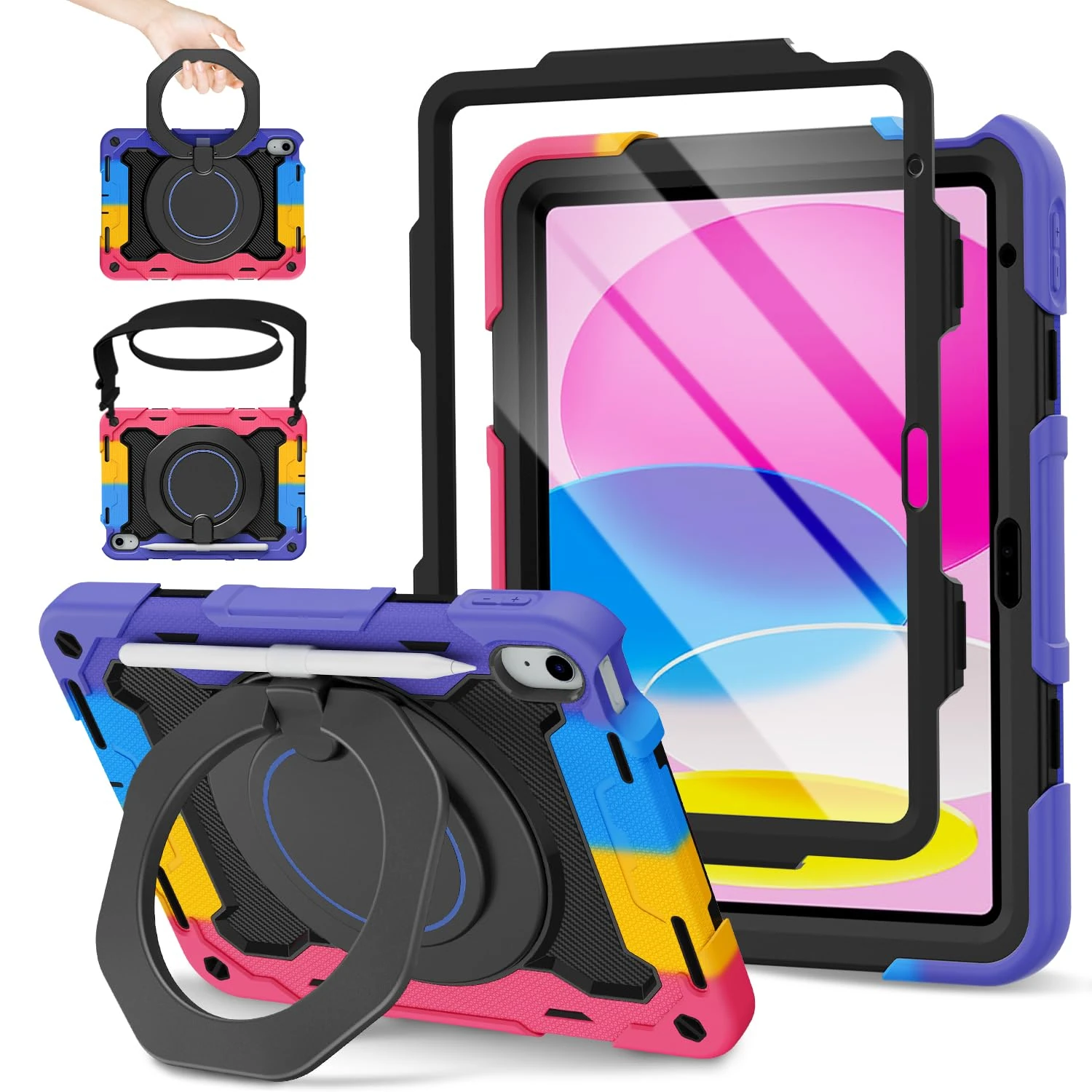 ROISKIN Case for iPad (A16) 11th/10th Generation 2025/2022 (11/10.9 Inch) with HD Screen Protector, Shoulder Strap,Heavy Duty Shockproof for iPad 11 Case Kids,Pencil Holder/Rotating Stand, Black-Pink