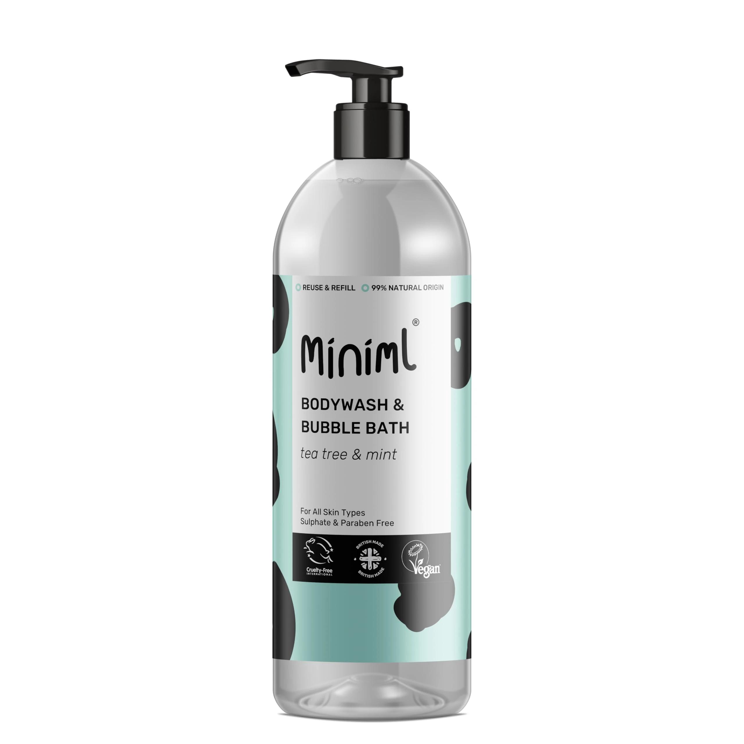 Miniml All Natural Body Wash and Bubble Bath - 1L Bottle Moisturising Tea Tree and Mint Sensitive Skin Eco Shower Gel Bath Soak - Vegan Friendly High Foam