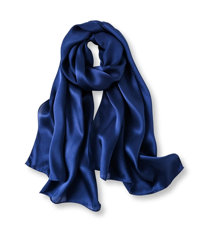 PoeticEHome 100% Mulberry Silk Long Scarf Wrap - Women's Large Oblong Sunscreen Shawl with Gift Packaging, R4 - Navy Blue, 68" x 21" (173x53cm)