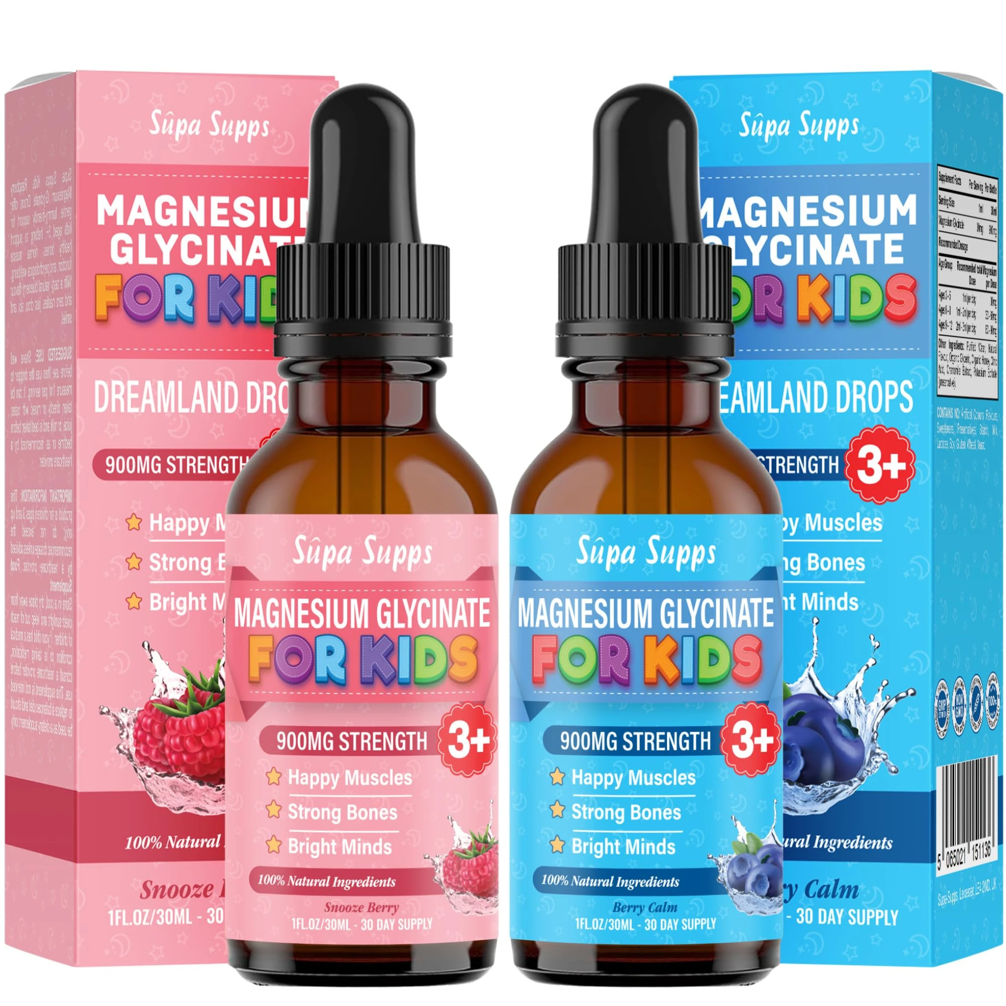 Kids Magnesium Glycinate 60ml - Blueberry + Raspberry | Supa Supps Liquid Magnesium Glycinate 3-in-1 Drops Support Relaxation, Calm, Balanced Energy, Focus & Growth | Easy Daily Supplement