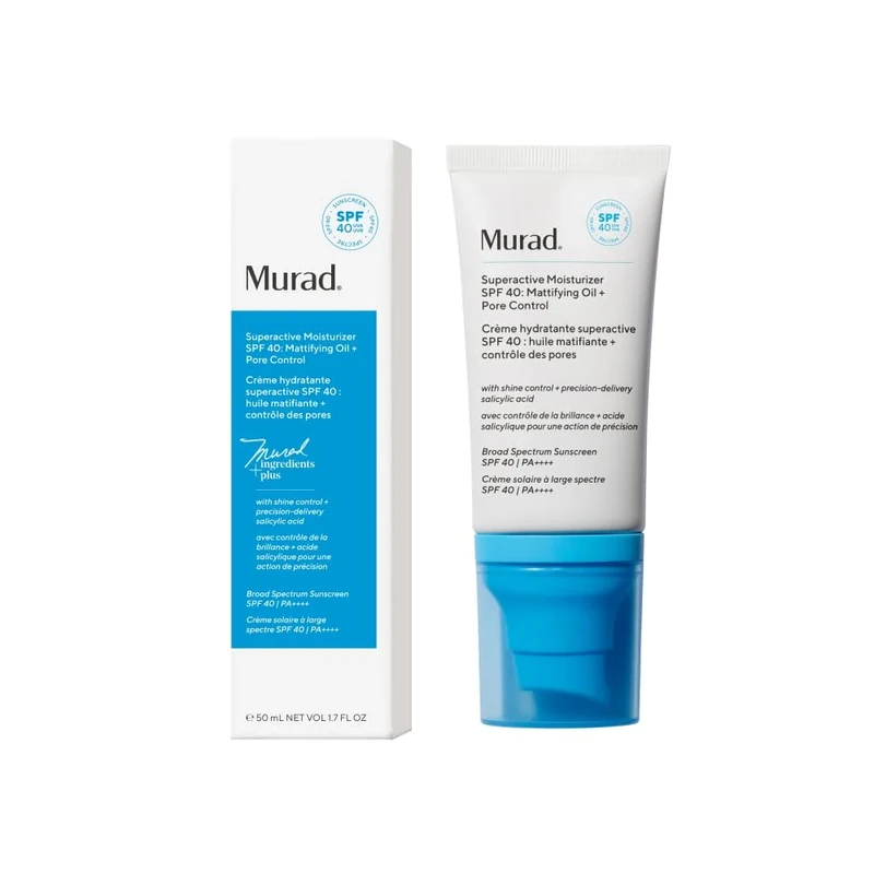 Murad Superactive Mattifying Oil and Pore Control Moisturiser SPF 40, Shine Free Hydrating Facial Sunscreen Supercharged with Salicylic Acid To Smooth Texture and Minimise Look of Pores, 50ml