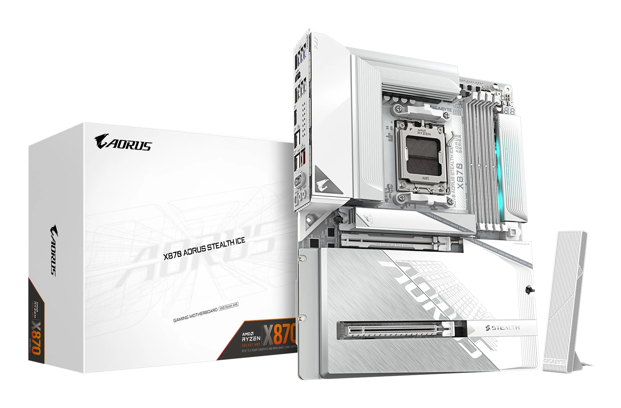 GIGABYTE X870 AORUS STEALTH ICE Motherboard - Supports AMD Ryzen 9000 CPUs, 16+2+2 Phases Digital VRM, up to 8200Hz DDR5 (OC), 2xPCIe 5.0 + 2xPCIe 4.0, Wi-Fi 7, 5 GbE LAN, USB 4