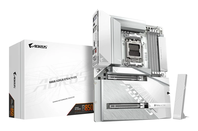 GIGABYTE B850 AORUS STEALTH ICE Motherboard - AMD Ryzen 9000 Series CPUs, 14+2+2 Phases Digital VRM, up to 8200MHz DDR5 (OC), 2xPCIe 5.0 + 2xPCIe 4.0 M.2, WIFI 7, 5 GbE LAN, USB 3.2 Gen 2