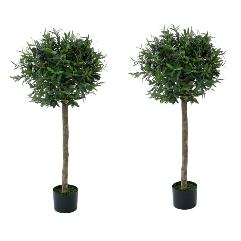 Artificial Olive Trees (Set of 2), Topiary Faux Trees, Premium Quality Real Wood Trunk and Natural Appearance Leaves, UV Protected, Indoor and Outdoor Use