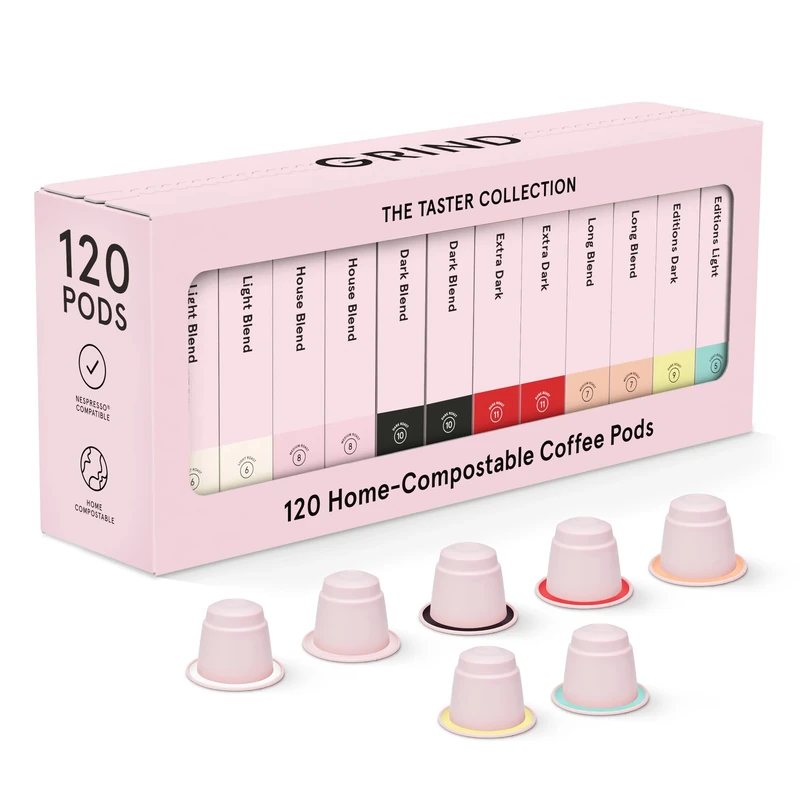 Grind Taster Coffee Pod Collection – 120 Biodegradable Capsules – Amazon Exlcusive – 100% Arabica – Compatible with Nespresso® Original Machines – Specialty Coffee – Home Compostable – Gift Set