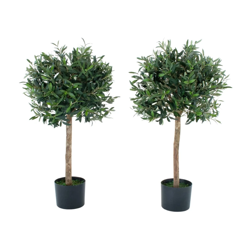 Artificial Olive Trees (Set of 2), Topiary Faux Trees, Premium Quality Real Wood Trunk and Natural Appearance Leaves, UV Protected, Indoor and Outdoor Use