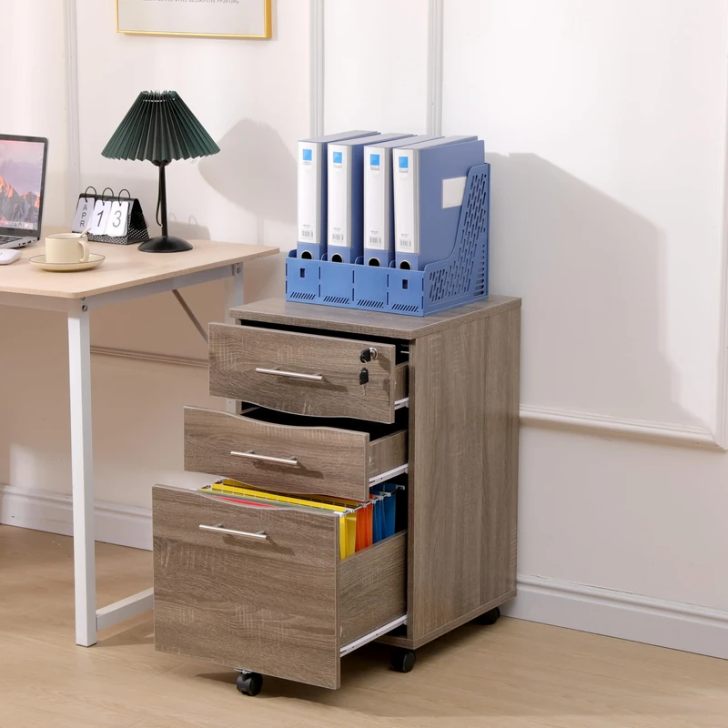 MMT Mobile Filing Cabinet, 3 Drawer Pedestal Storage Unit, Dark Oak Under Desk Filing Cabinet on Wheels with Suspension File Hanger, Anti-Tip Design, 5 Wheels for Office or Home (Dark Oak)