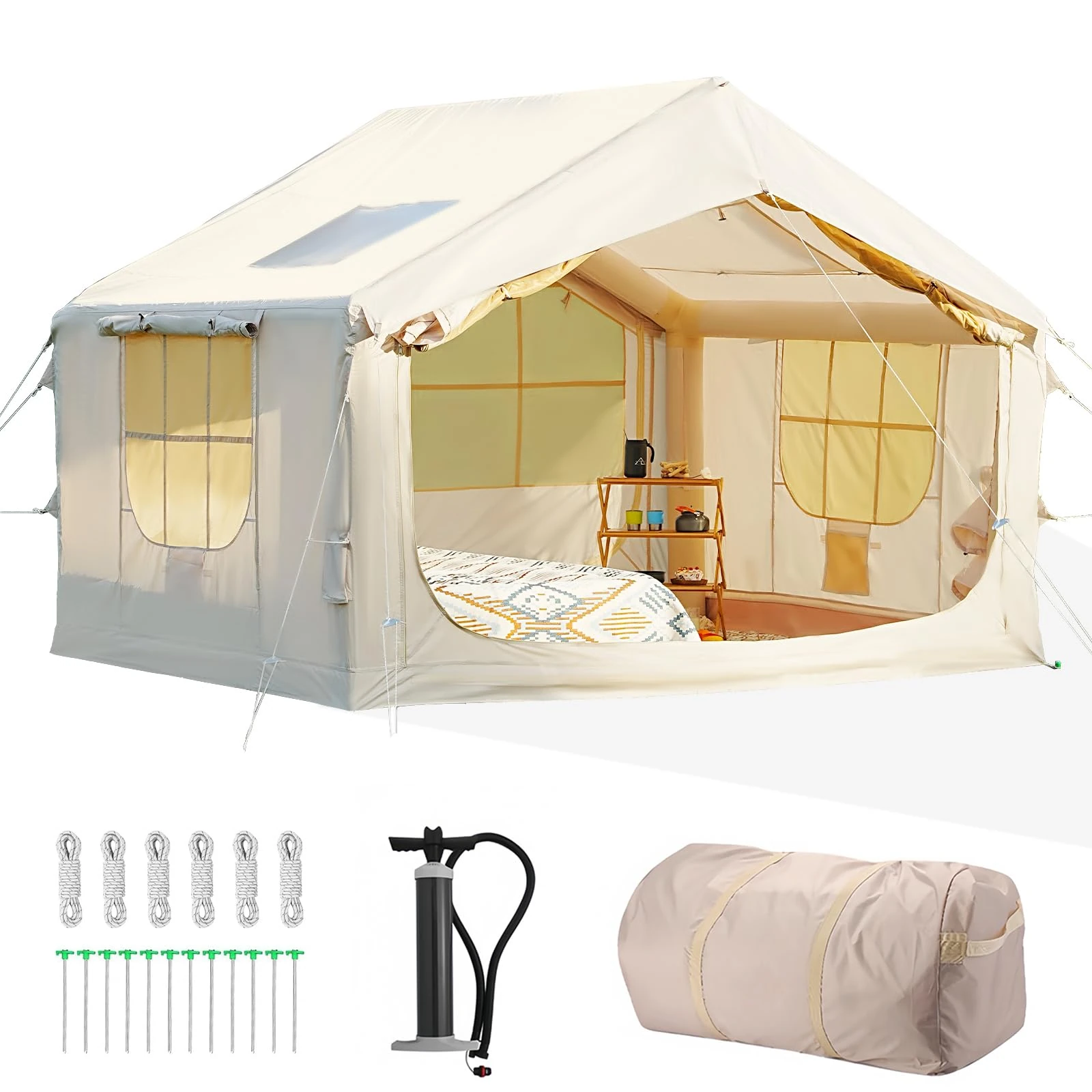 4-6 Person Inflatable Tent - Quick Setup Air Tent with Stove Jack, 420D Oxford (PU2000), 15cm Air Beams, 2 Doors & Windows