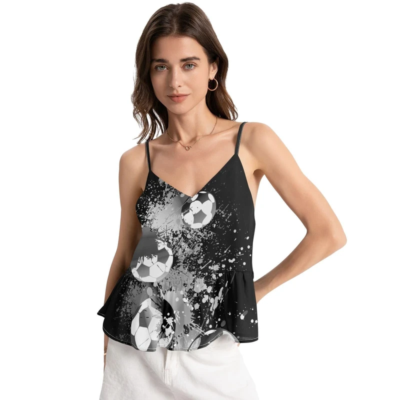 Poeticcity Women Chiffon Pajamas, Cami Nightgown Camisole Halter Top Satin Camisole Sleeveless Lingerie Sleepwear M Black White Footballs Spots Dots Paint on Black - Image 1