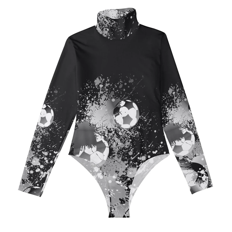 Poeticcity Women's Mock Turtle Neck Onesie, Long Sleeve Bodysuit Jumpsuit Stretchy Slim Basic Leotard High-neck Tank Tops XL Black White Footballs Spots Dots Paint on Black