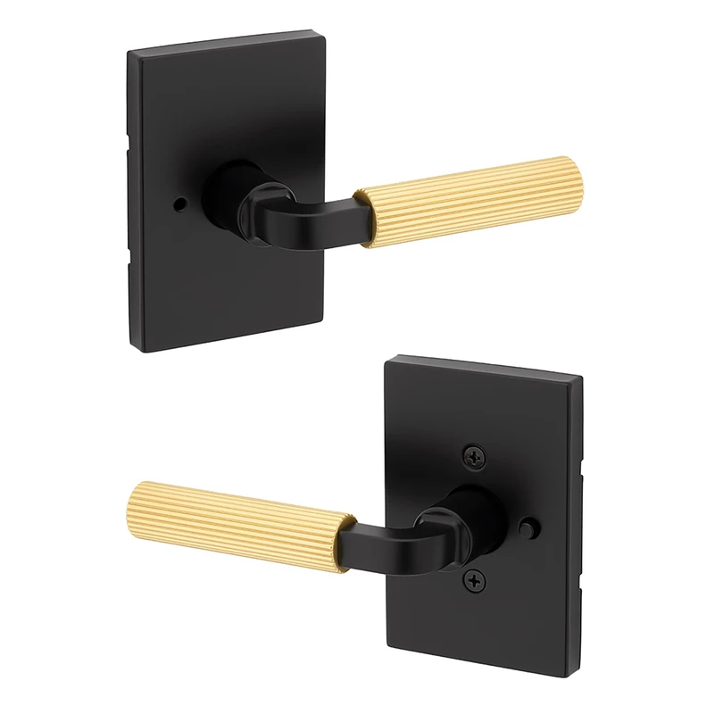 Kwikset Mirada Reeded Interior Privacy Door Handle with Lock, Handle for Bathroom and Bedroom, Matte Black Satin Brass, Reversible Keyless Push Button Lock, with Microban Protection