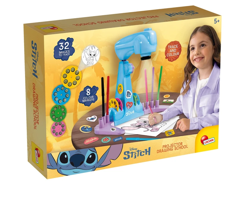 Lisciani - DISNEY STITCH - Projector Drawing School for Children aged 5 and over - LED Projector with 4 Discs - Creative Kit with Felt Pens, Stickers and Sheets - Manual Activity Without Screen