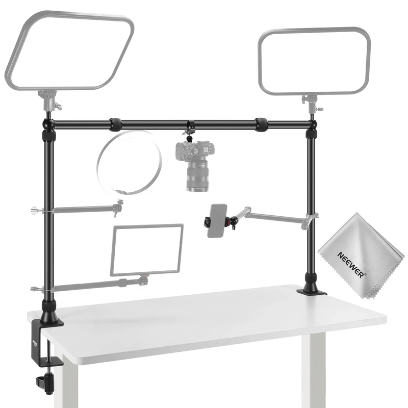 NEEWER NK002 Overhead Camera Mount Rig Platform with Phone Holder/2 Ball Heads/Arms/Super Clamp/Cleaning Cloth for Mic Webcam, Multi Device Desk Stand with Adjustable Height Width, Max Load 26lb/12kg