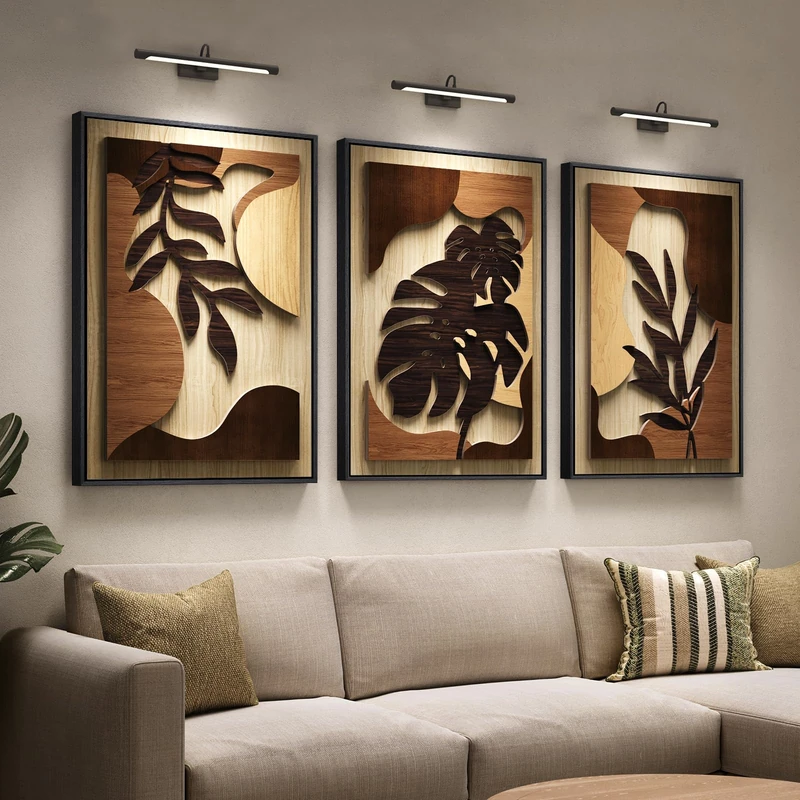 Framed Textured Wood 3D Wall Art for Living Room, Large Boho Tropical Brown Artwork for Walls, 3 Piece Farmhouse Botanical Leaf Wood 3D Textured Wall Art Decor for Office Bedroom Hallway, 24x36 Inch