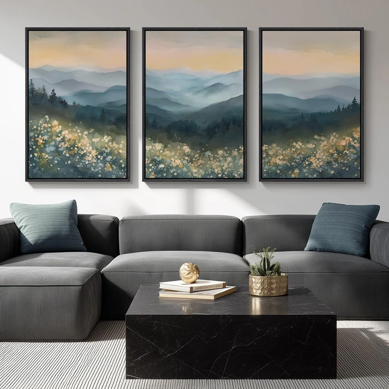 Framed Mountain Landscape Wall Art for Living Room, Large Watercolor Wildflower Scenic Artwork for Walls, 3 Piece Boho Foggy Nature Aesthetic Canvas Painting Print for Bedroom Office Kitchen, 24x36 In