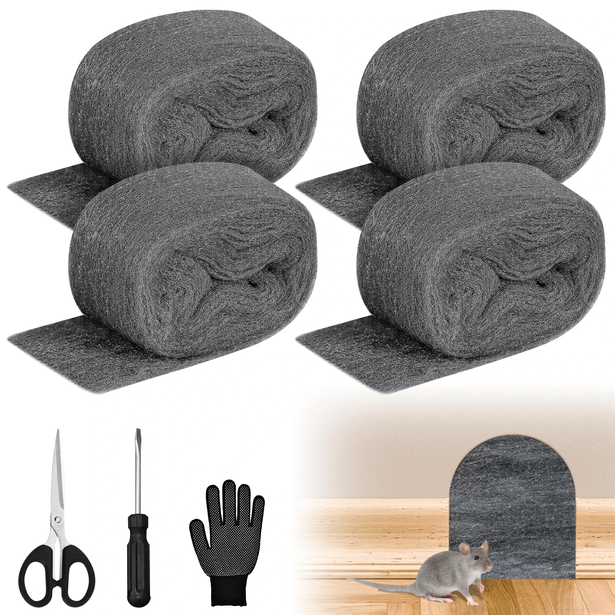 DazSpirit 4 pcs Steel Wool Mice, 3 m 0000 Fine Steel Wool for Rodent Control with Gloves, Scissors and Screwdriver, Wire Wool for Sealing Gaps, Cleaning, Polishing