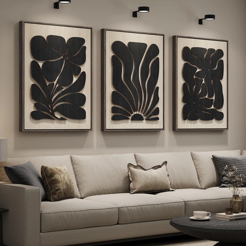 Framed Textured Wood Floral Wall Art for Living Room, Large 3D Boho Flower Black and Beige Artwork for Walls, 3 Piece Abstract Bohemian Floral Wood Art for Office Bedroom Hallway Wall decor, 24x36 In