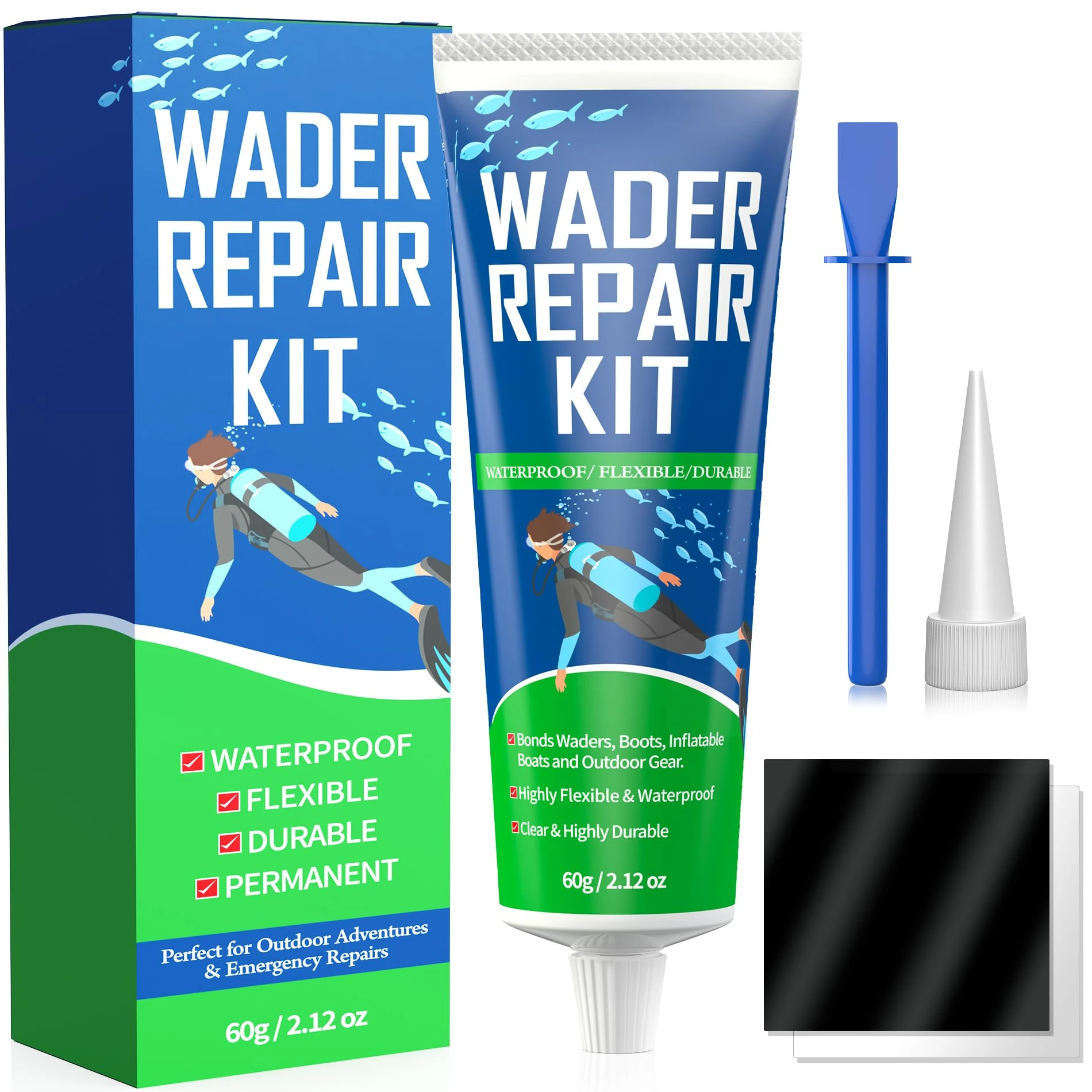 Wader Repair Glue 60g – Flexible, Waterproof Wader Patch Kit for Fixing Rips, Tears & Holes in Boots, Waders, Wetsuits, PVC Inflatables & Outdoor Gear