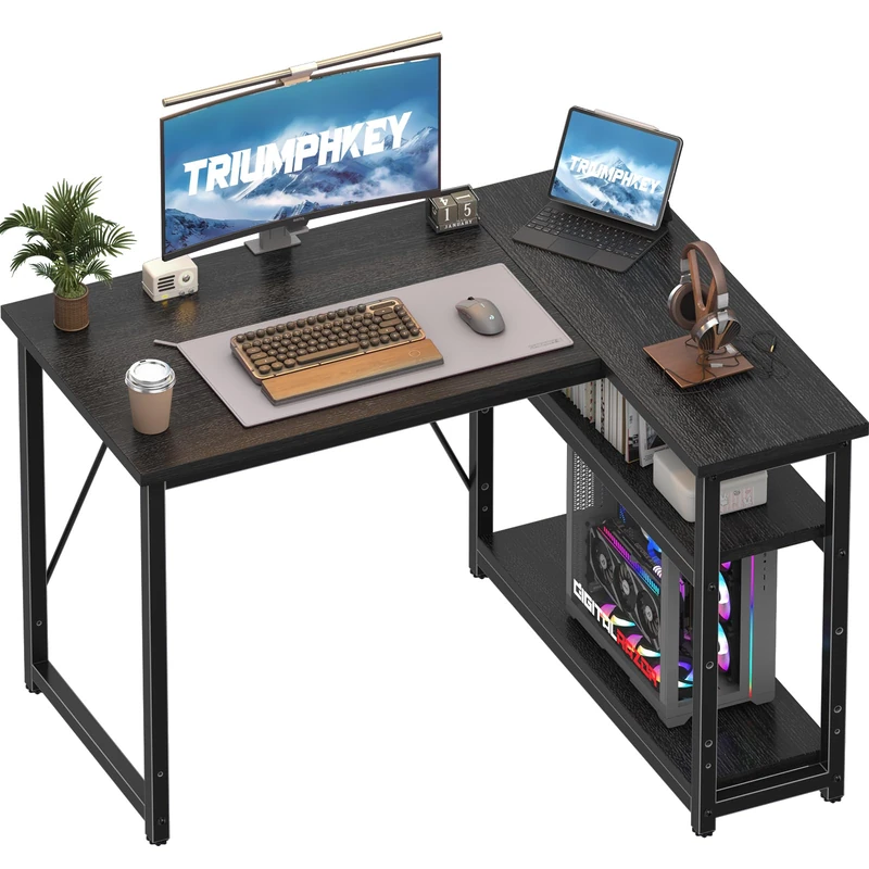 TRIUMPHKEY 100 * 80cm L Shaped Computer Desk with Reversible Large Storage Shelves, Corner Desk Computer Workstation Matching Under Desk Height Adjustable Storage, Home Office Work Table Black