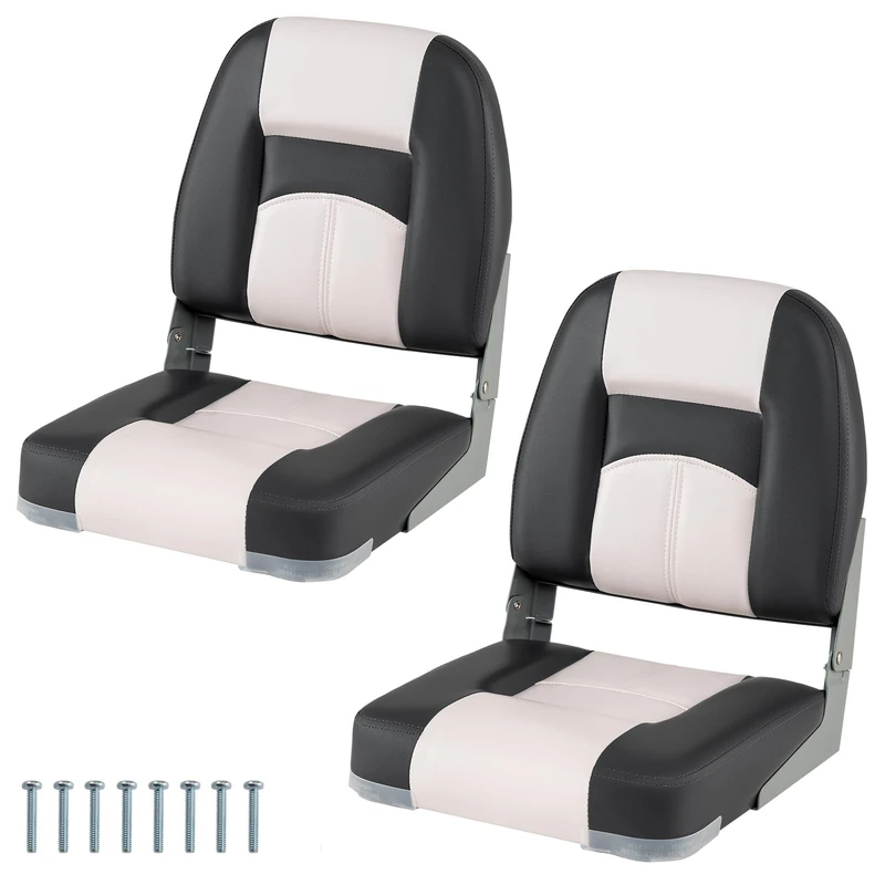 GYMAX 2 Pack Folding Boat Seat, Low Back Captain Chair with High-density Sponge Padded Cushions, Waterproof PVC Leather Ergonomic Fishing Boat Seat (Dark Gray+White)