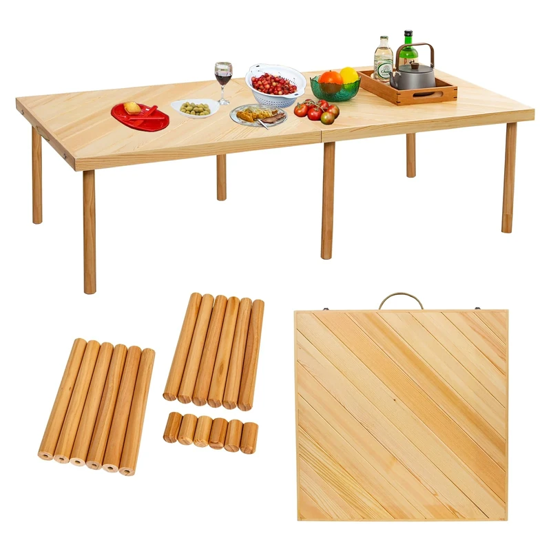 Zupemo 60"x30" Boho Wooden Picnic Table, Portable Outdoor Low Picnic Table with Adjustable Legs 13" & 16" for Floor Seating, Beach, Camping, BBQ, Backyard, 60x30in Seating for 8 People