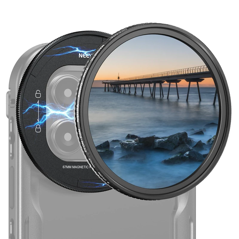 NEEWER 67mm Magnetic ND Filter Set, Variable ND2-32 (1-5 Stops) Multicoated HD with Magnetic Filter Backplate Adapter, Compatible with iPhone 16 Pro/16 Pro Max Phone Cage Video Rig (PA073/PA074)