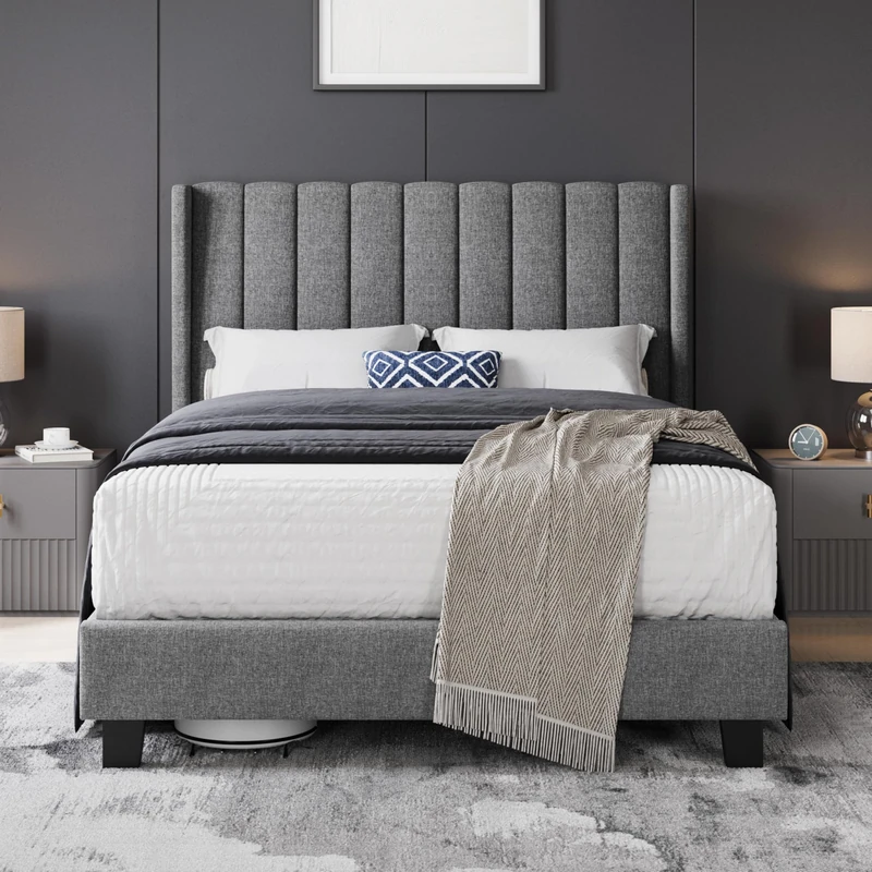 Yaheetech Double Bed Frame, Upholstered Platform Bed with Channel Tufted Headboard & Wing Side, Wood Slat Support, Mattress Foundation, No Box Spring Needed, Noise-free, 4ft6 Double Bed Light Grey
