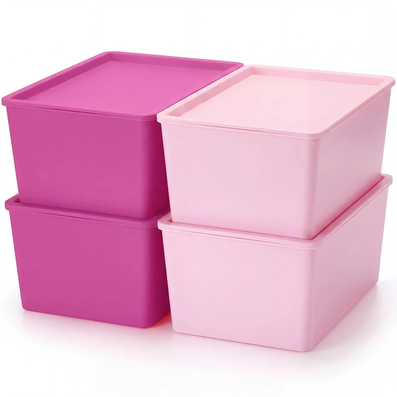 Menkxi 4 Pcs Storage Bins with Lids Plastic Stackable Containers for Classroom Room Organizing Shelves Christmas Ornament Box Baskets(Dark Pink, Light Pink,Large)