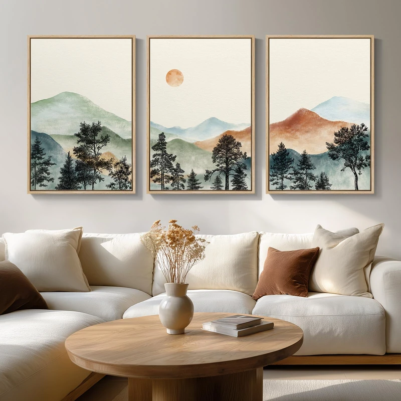 Framed Large Mountain Wall Art for Living Room, 3 Piece Boho Watercolor Landscape Artwork for Walls, Mid Century Modern Mountain Forest Sunset Scenic Canvas Prints for Office Hallway Decor, 24x36 Inch