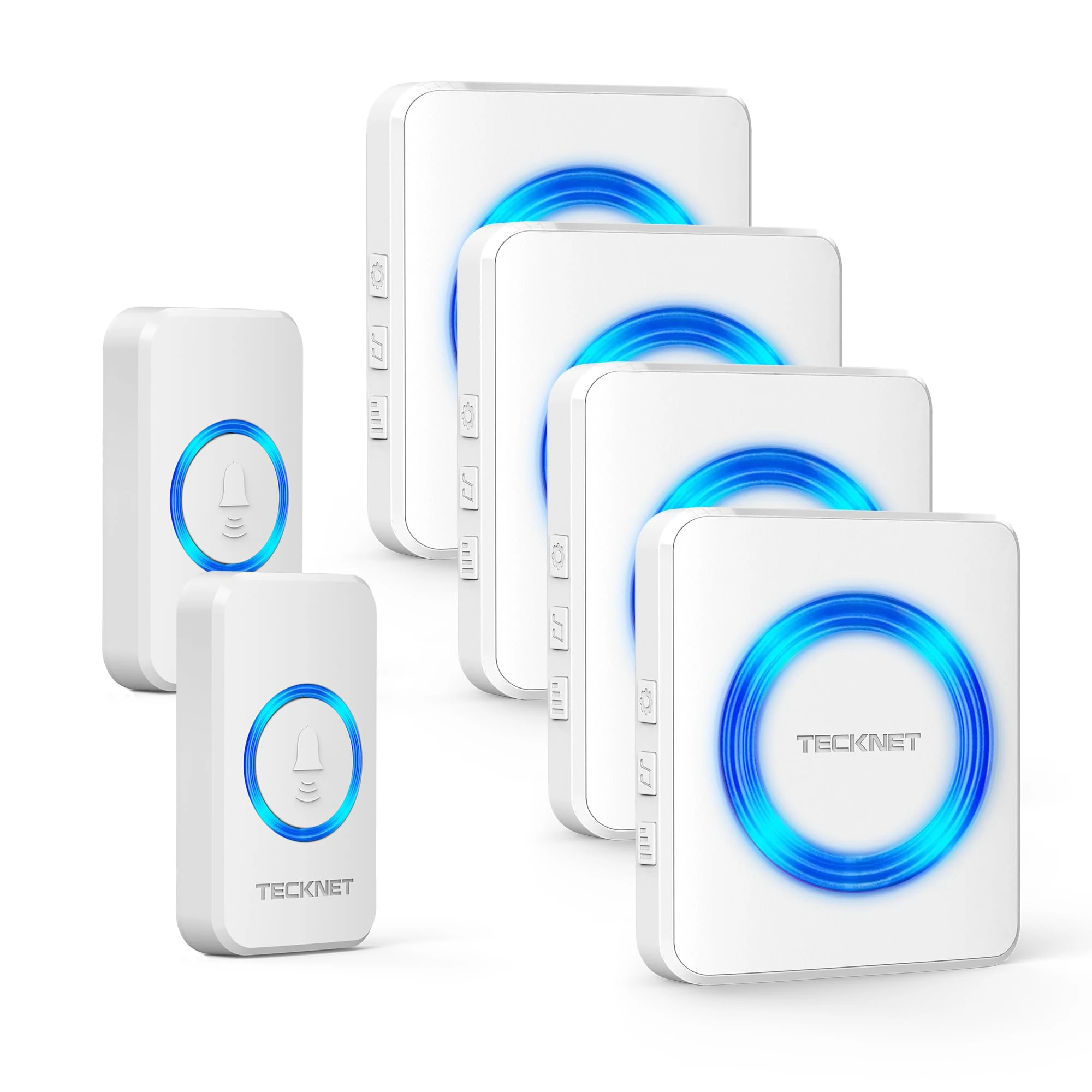 TECKNET Wireless Doorbell with 2 Push Buttons & 4 Receivers, 400M/1300ft Long Range Door Chime Kit, IP65 Waterproof Door Bells, 60 Chimes, 5 Volume Levels, Memory Function, for Home, School, Office