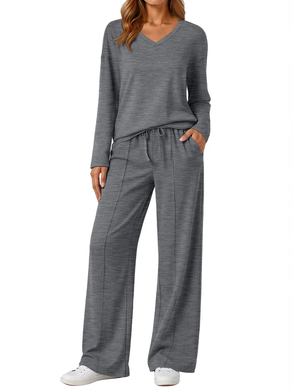 AUTOMET 2 Piece Lounge Sets for Womens Fashion Travel Sweatsuits with Wide Leg Pants Airport Track Outfits Fall Clothes 2025, Darkgrey, Medium