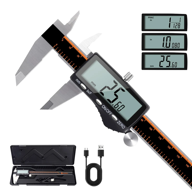 HARDELL Digital Caliper, Rechargeable 200mm Calipers Measuring Tool with Large LCD Screen, Inch/MM/Fraction, Stainless Steel, Auto-Off, Vernier Caliper Digital Micrometer, 8Inch