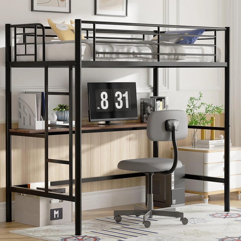VECELO Loft Bunk Bed with Desk, High Sleeper Bedframe 90×190cm with Removable Ladder and Safety Guardrail, Space-Saving, Noise Free, No Box Spring Needed, Black