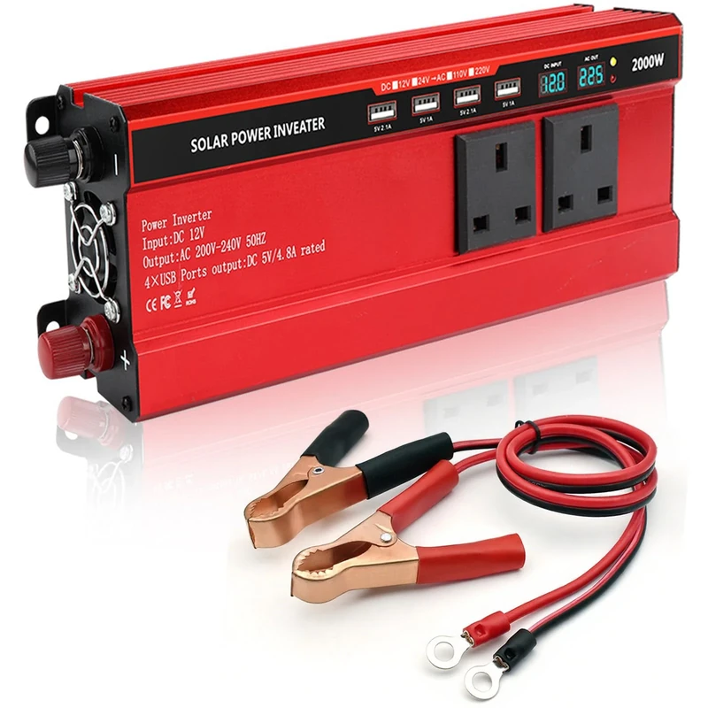 2000W Power Inverter 12V to 240V - Car Inverter DC 12V to AC 240V UK with LED Display, Pure Sine Wave Inverter with 3 UK Sockets and 4 USB for Outdoor Activities and Travel