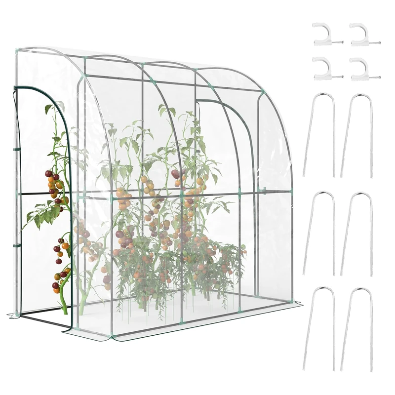Outsunny Walk-In Greenhouse with Zipped Roll Up Doors, Lean-to Small Greenhouse with Plastic Cover and Sloping Top for Flowers, Vegetables and Herbs, 214cm x 118cm x 212cm, Clear
