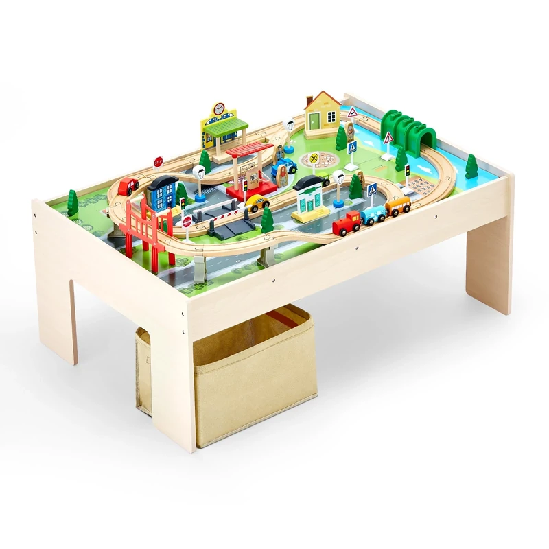 VEVOR Train Table, 84 Multicolor Pieces Wooden Kids Activity Table with Collapsible Storage Bin, 3-in-1 Wooden Train Set for Gaming, Drawing, Reading, Eating, Creative Toy Set for Kids Ages 3+