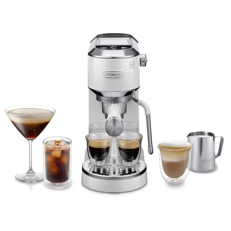 De'Longhi Dedica Duo EC890.WI, Traditional Barista Pump Machine, Espresso And Cold Brew, Manual Coffee Machine with My LatteArt Steam Wand, 15 cm Wide, 2 Espresso, Touch Display, Mug up to 13cm, White