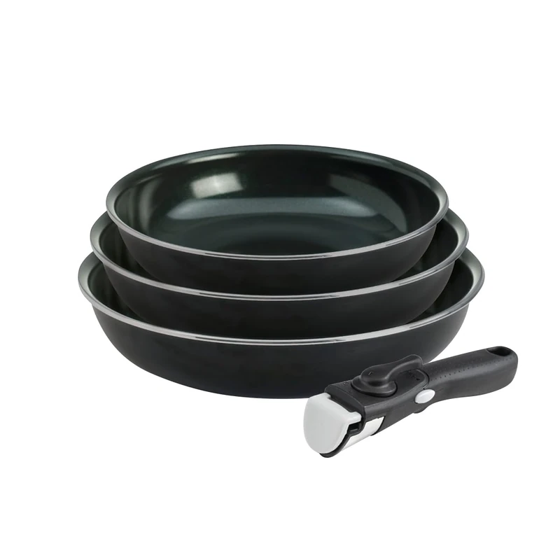 QDESIGN Diamond Set of 3 Aluminium Diamond Reinforced Non-Stick Frying Pans with Removable Handle - Suitable for All Heat Sources Including Induction - Dishwasher/Fridge Safe - Diamond Black